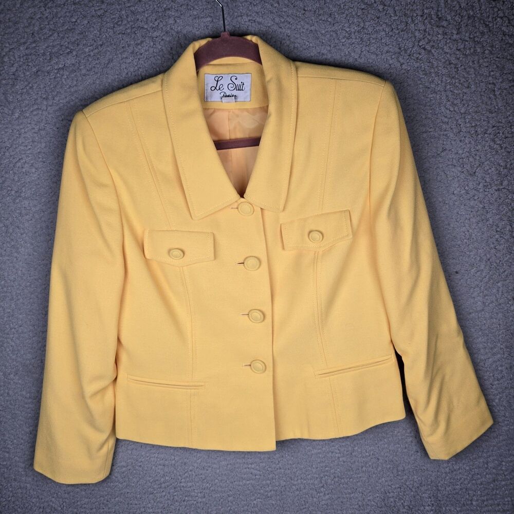 Le Suit Petite Womens Butter Yellow Cropped Blazer Jacket 12P Y2K Retro On Trend